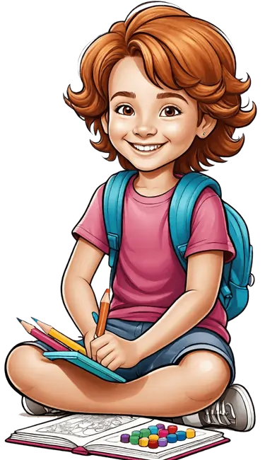 Girl sitting with a online PDF Printable drawing book, coloring books and pages