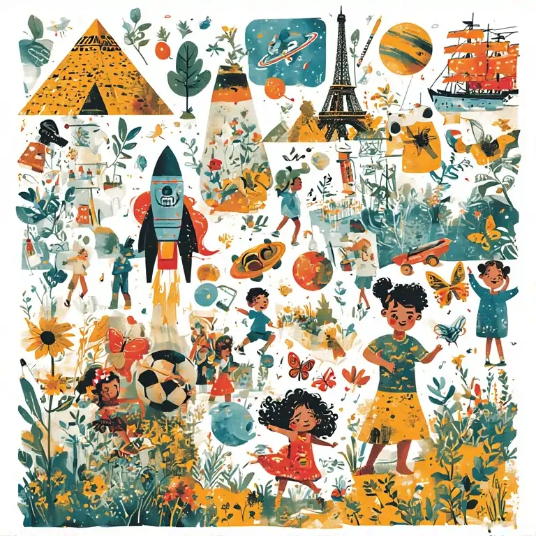 Collage illustration of educational themes for kids with rockets, pyramids, Eiffel Tower, nature, space, sports, and bugs — in a colorful cartoon style from children’s colouring book pages