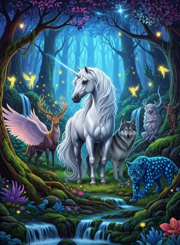 Mythical Creatures Coloring Book PDF Printable Unicorns, Forest Spirits, Wolves & Magical Beasts for Adults front cover