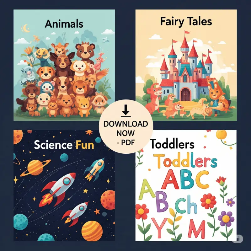 downloadable children’s colouring book pages image of animals, fairy tales, scrience fun and toddlers pre books