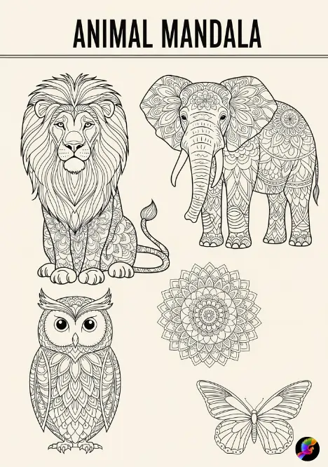 Animal mandala coloring designs from free PDF printable coloring books, pages and sheets