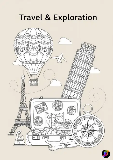 Travel and exploration-themed coloring pages and sheets