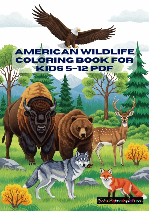 Front cover of PDF American Wild Animals Coloring Book for Kids ages 5–12 with colorful wildlife illustrations