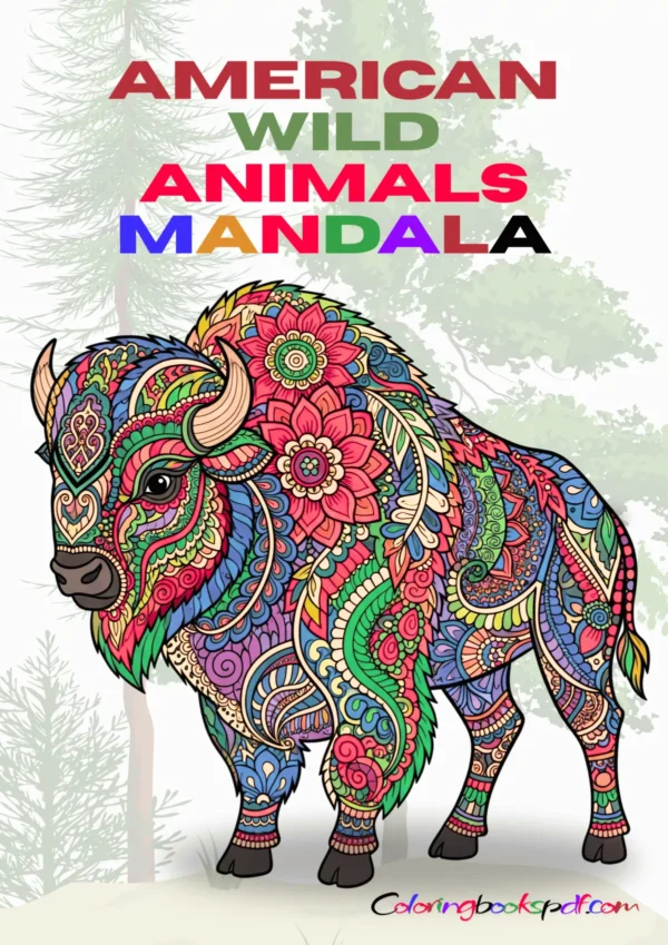 Front cover of American Wild Animals Mandala Coloring Book PDF for adults