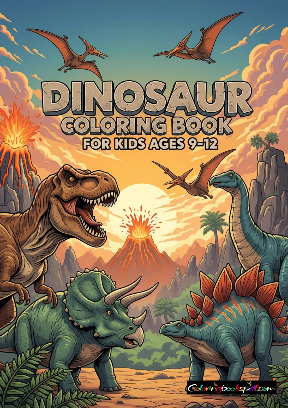 Dinosaur Coloring Book for Kids Ages 9–12 – 15 Printable Pages PDF with T-Rex, Triceratops, and Velociraptor Illustrations