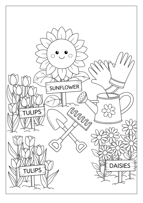 flower-garden-coloring-page-sunflower-tulips-daisies-tools
