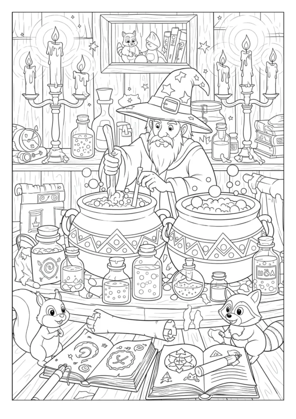 Free printable wizard coloring page with magic potions, spell books, and cute animals for kids