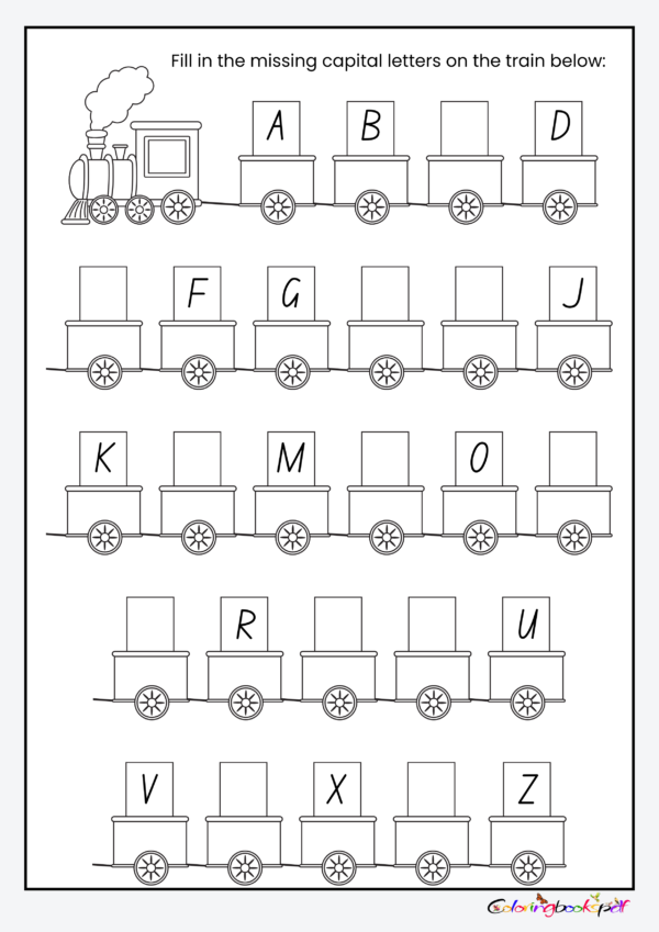 Alphabet Train Activity to fill missing capital letters A to Z printable worksheet for kids